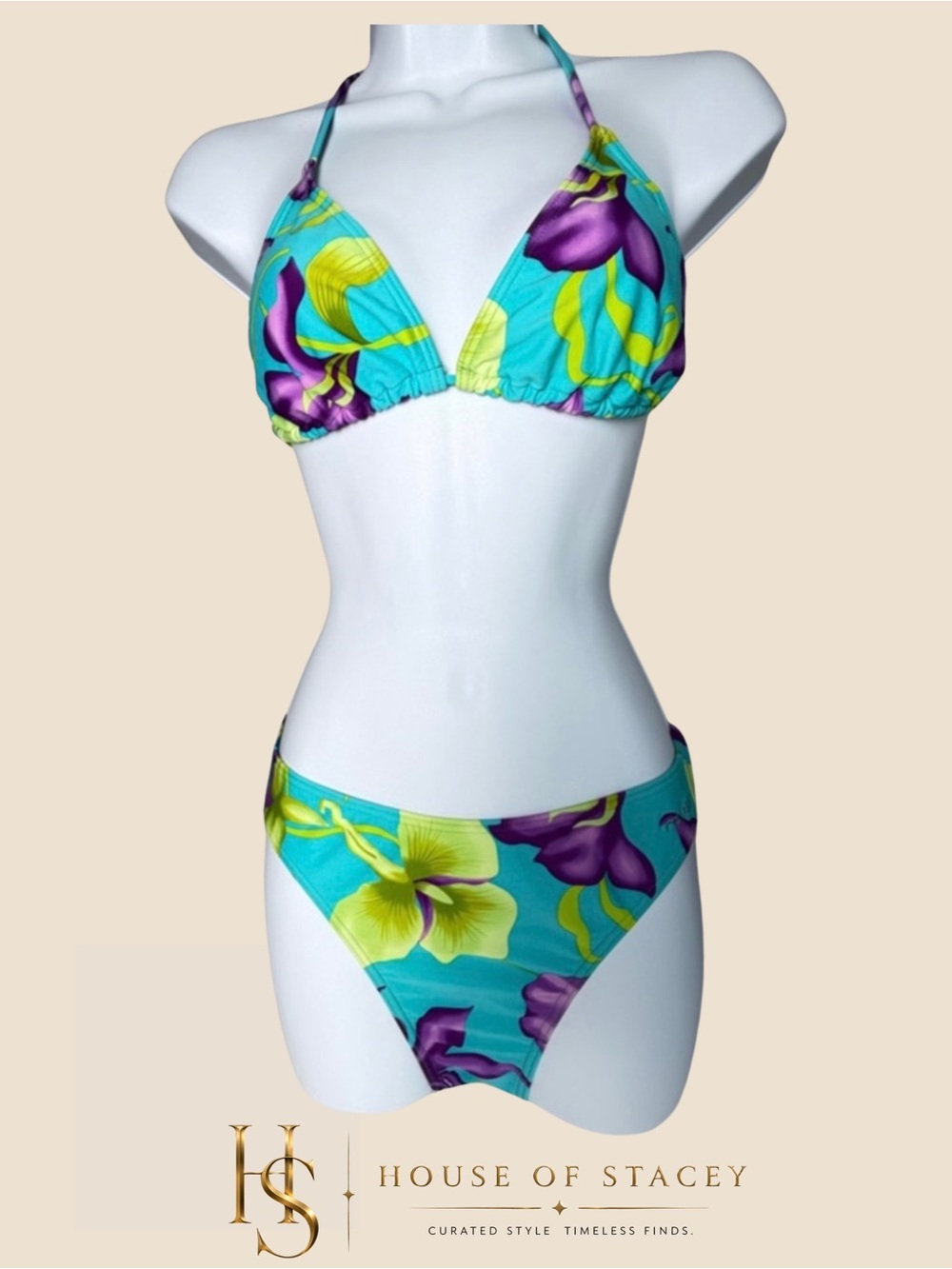 Randy Bikini Set NWOT Tropical Floral Blue Purple Halter EU 44